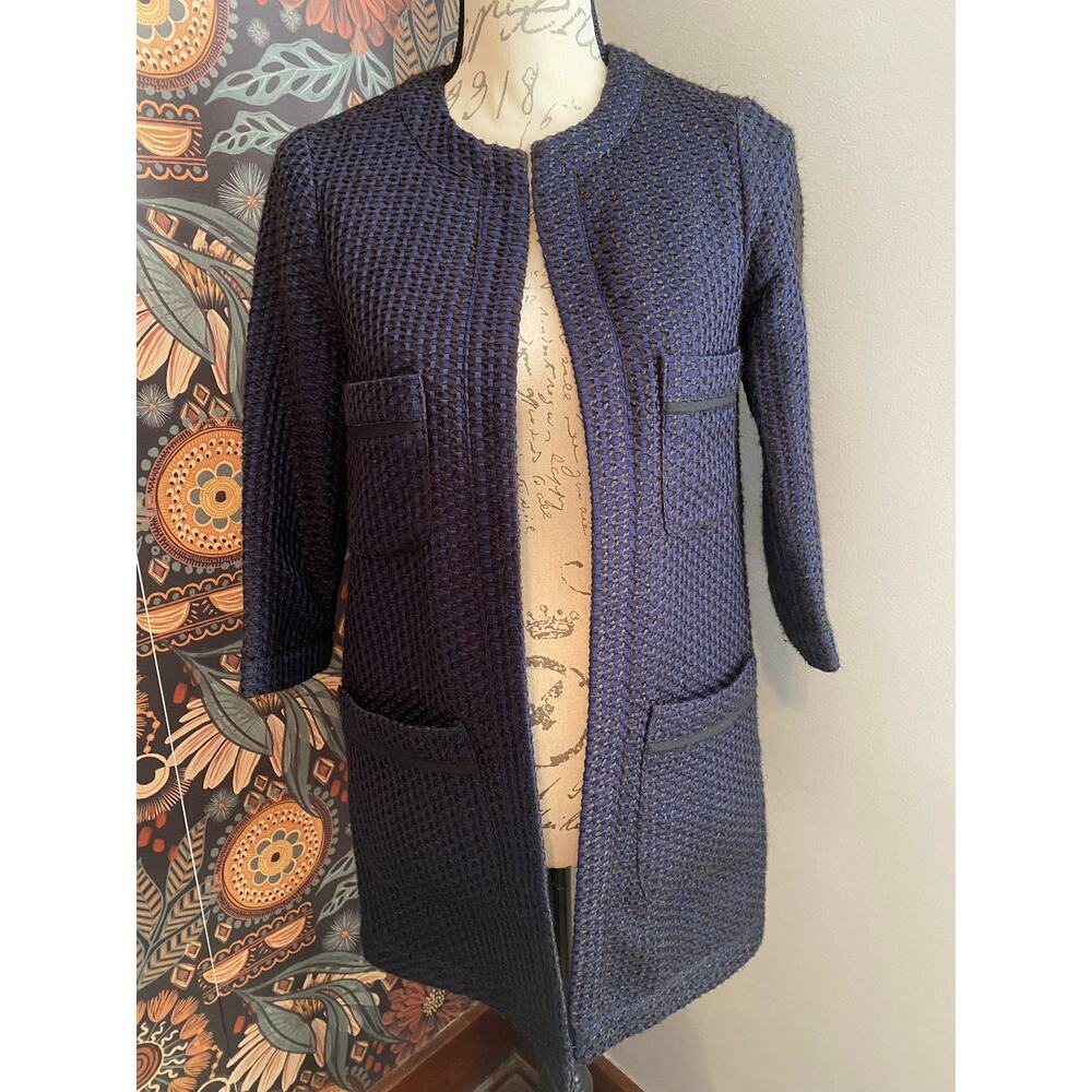 Sloosh Open Front Blue & Black Tweed Coat Size XS